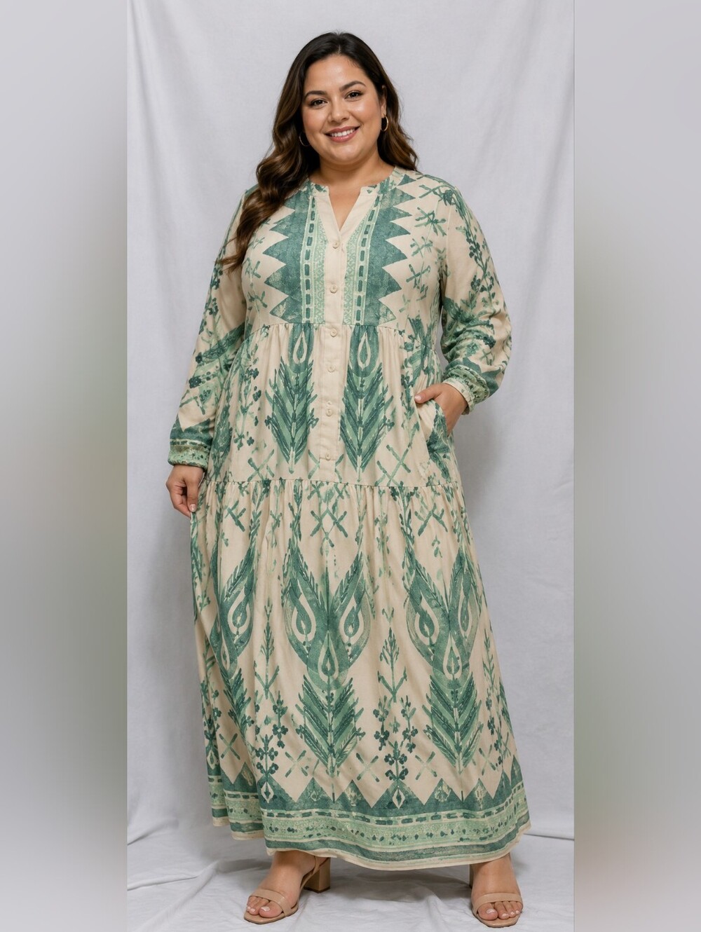 Bohemian Button-Front Maxi Dress in Cream & Teal